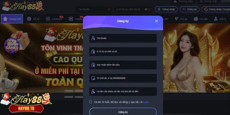 Đăng ký ở giao diện Hay88